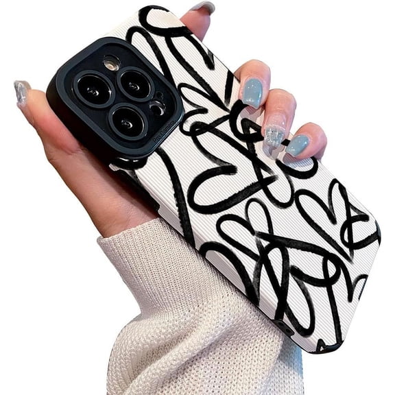 Love Heart Black and White Simple Design Graffiti Silicone Case Compatible with iPhone Case (iPhone 14 Pro Max)