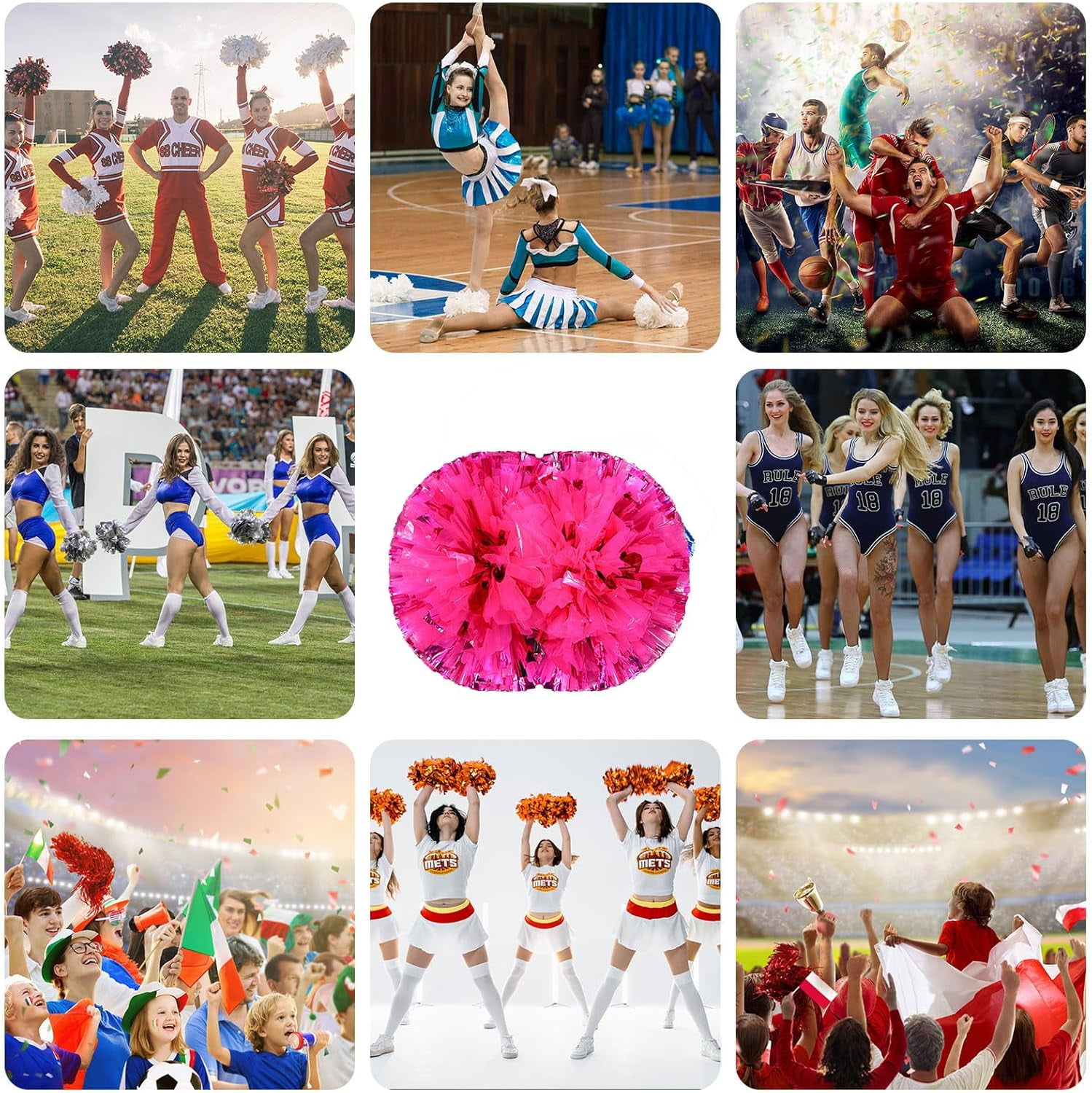 Cheerleader Pom Poms 12 Pack Sports Dance Cheering Plastic Metallic Cheerleading Pom Poms for Kids Adults