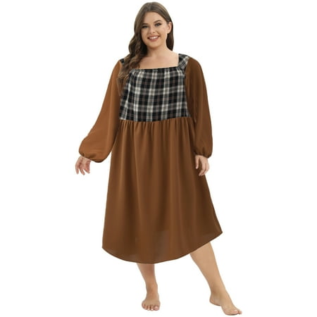 

WBQ Women s Plus Size Long Sleeve Nightgown Lattice Stitching Square Neck Nightdress Sweet Elegant Sleep Dress Loose Oversized Sleepwear Loungewear XL-4XL