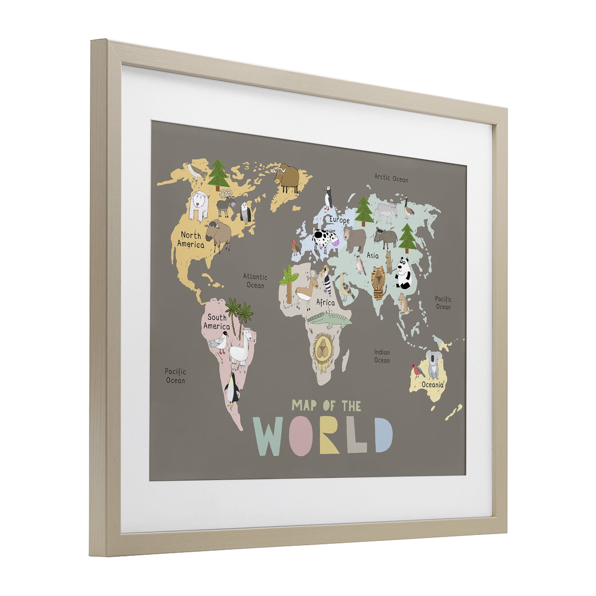 Kid's Map Of World Brown Birch Framed Print Under Glass, design by Carla Daly