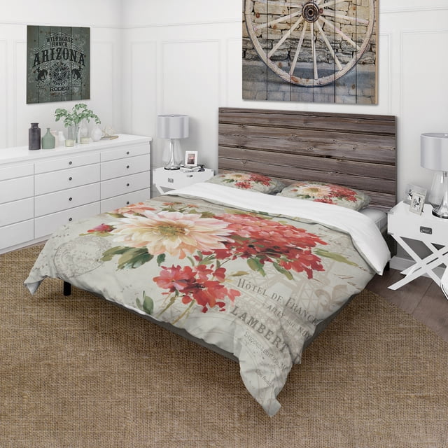 Designart 'fleurs Peintes Rouges sur Carte Postale Vintage I' Ensemble de Literie Cottage - Housse de Couette et Taies d'Oreiller