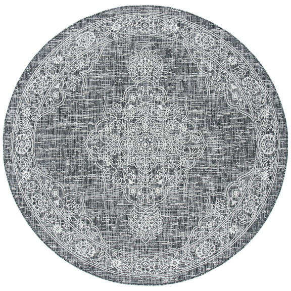 SAFAVIEH Courtyard Chao Medallion Indoor/Outdoor Area Rug, Grey/Black, 6'7" x 6'7" Round
