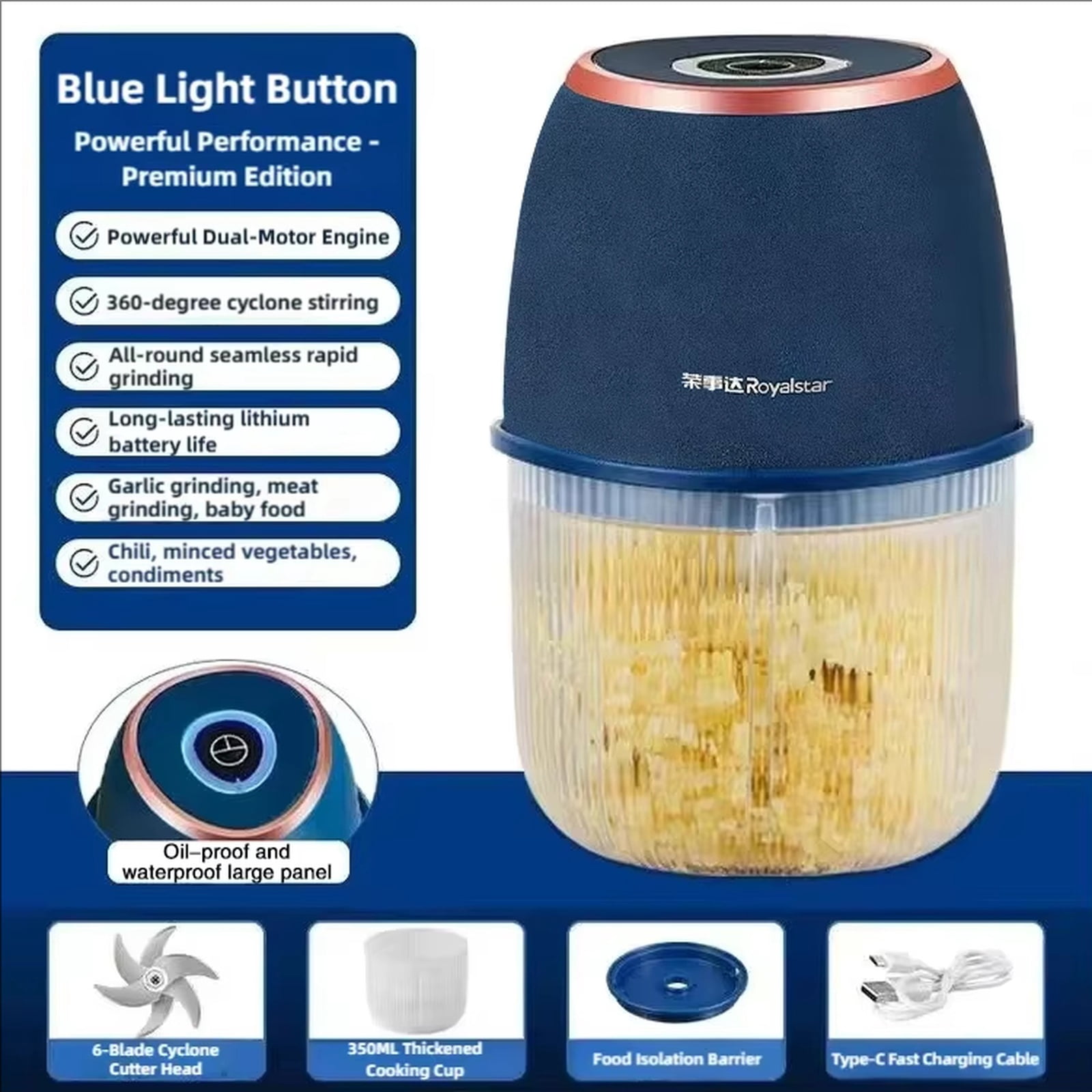 Electric Garlic Chopper, 4 Blades Electric Mini Food Processor, One-Touch Operation Garlic Mincer for Kitchen, Blue - 4 Blades, USB Rechargeable, Compact Size, Easy to Clean - for Home, Camping, Picn