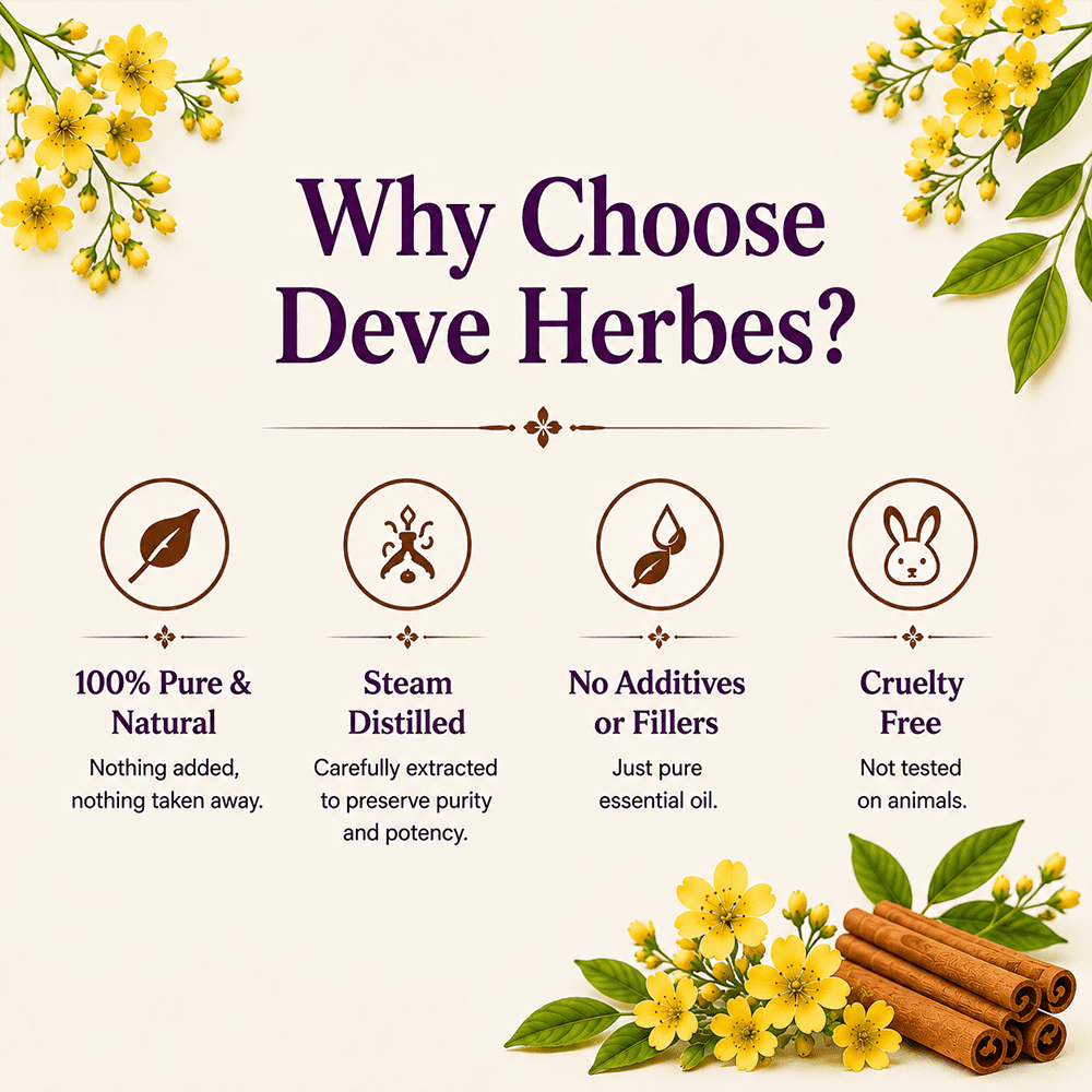 Deve Herbes Cassia Essential Oil (Cinnamomum Cassia) - 3.38 Fl Oz (100ml) - 100% Natural Cassia Oil for Massage, Warming Blends & Aromatherapy- without Dropper