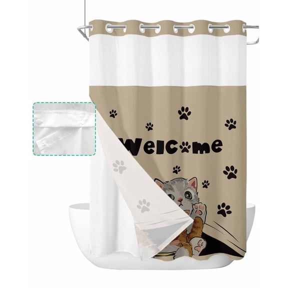 No Hook Shower Curtain with Snap in Liner, Welcome Paw Cute Cartoon Cat Vintage Hotel Shower Curtains for Bathroom, Washable Shower Curtain Liner Set with Mesh Top Window, 72"x84"