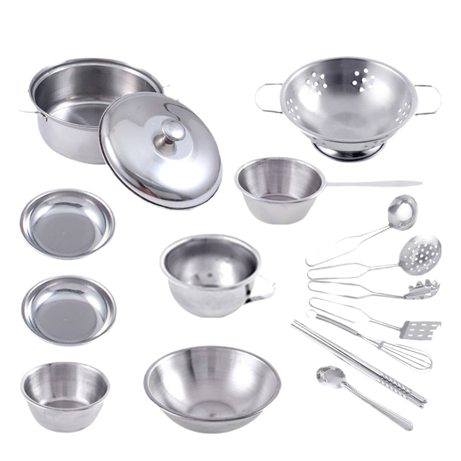 16 Piece Kids Stainless Steel Kitchen Playset Cookware Utensils Pots Pans Gift For Pretend Play And Role Learning