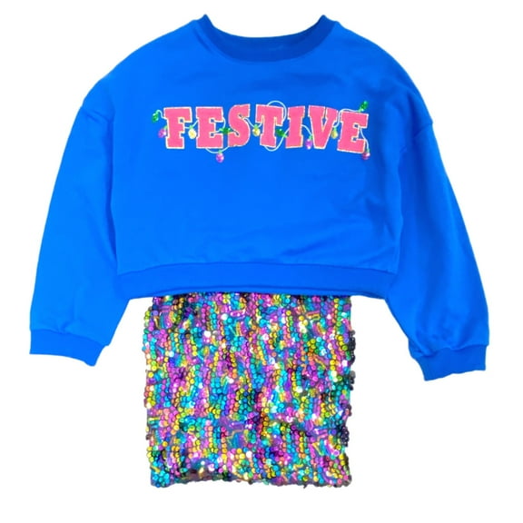 Girls 2 Piece Blue Pink Sequin Festive Holiday Tank Dress With Sweatshirt L