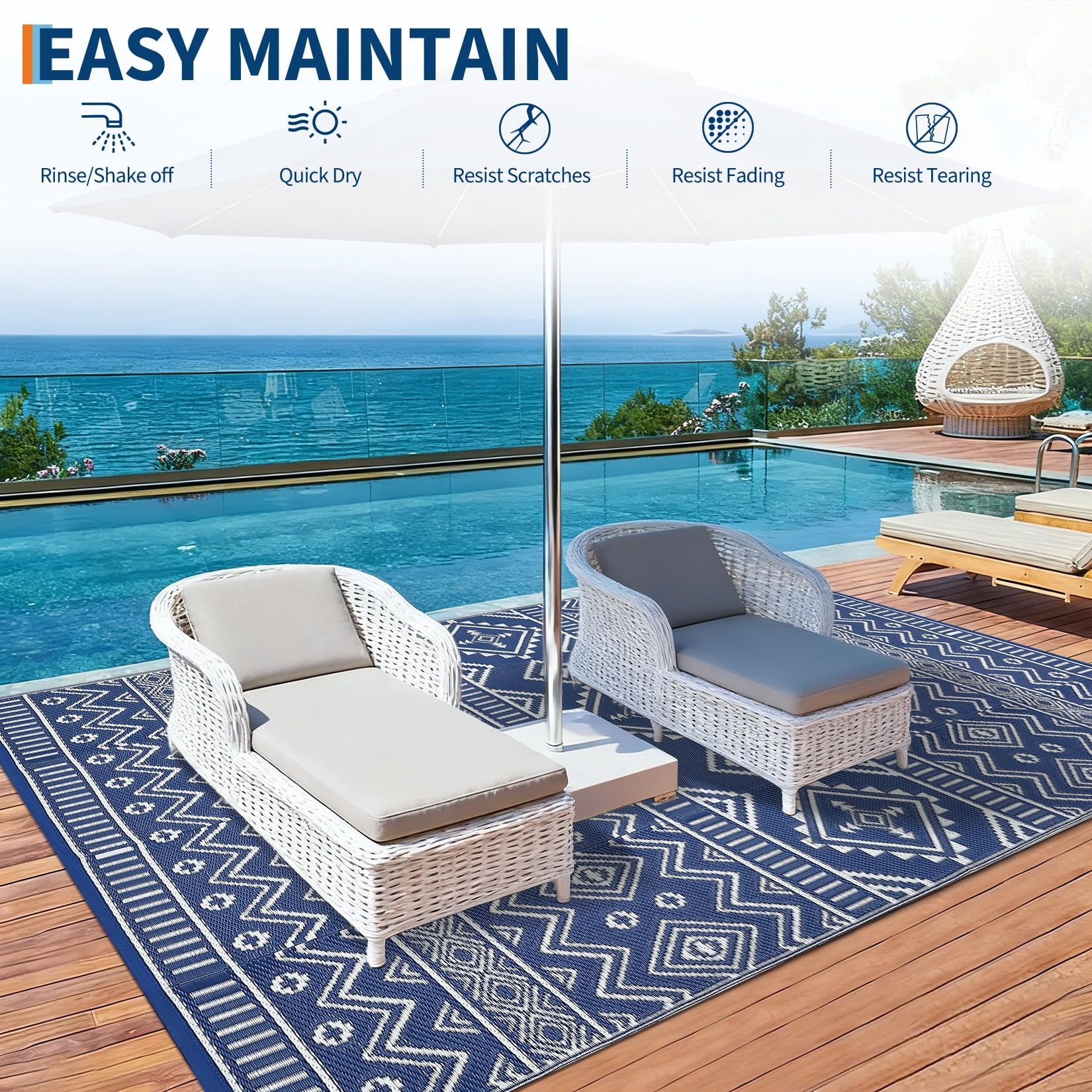 HIWEAVER 8' x 10' Navy/White Outdoor Rug PP Plastic Straw Woven Waterproof Patio Rug with Border Portable Outside Carpet for Balcony Deck Picnic Garden Decor
