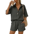 thumbnail image 5 of Women 2 Piece Linen Short Sets 2026 Summer Vacation V Neck Short Sleeve Beach Outfits Oversized Button Casual Suits Dark Gray M, 5 of 7