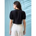 thumbnail image 4 of Globus Women Black High Neck Puff Sleeves Frills & Embroidered Detail Crop Top, 4 of 6