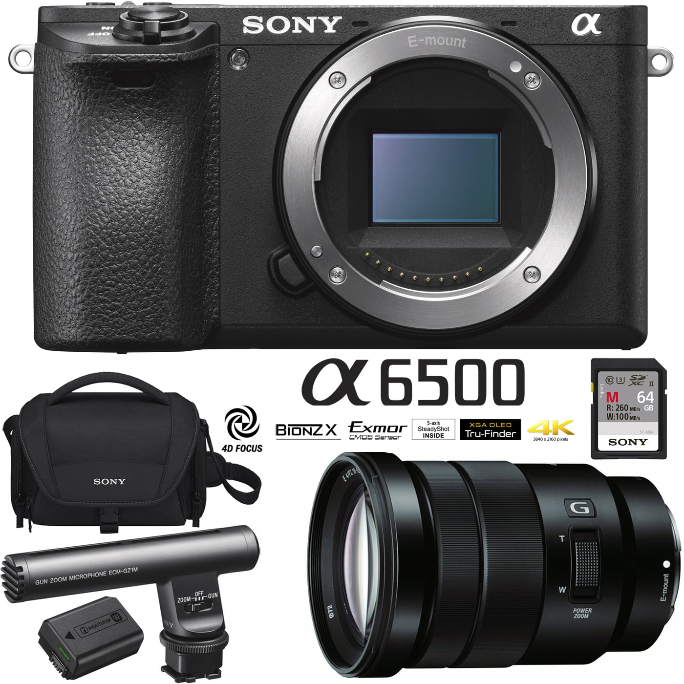 Sony ILCE-6500 a6500 4K Mirrorless Camera Body w/ APS-C Sensor (Black) + E  PZ 18-105mm f/4 G OSS Power Zoom Lens + Gun Zoom Microphone + 64GB Memory  