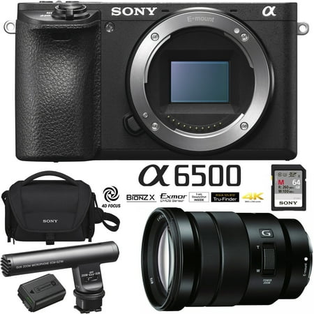 Sony ILCE-6500 a6500 4K Mirrorless Camera Body w/ APS-C Sensor (Black) + E PZ 18-105mm f/4 G OSS Power Zoom Lens + Gun Zoom Microphone + 64GB Memory Card + Soft Carrying Case + Replacement