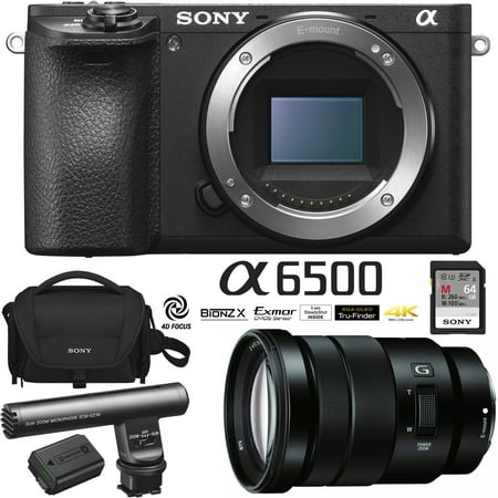 Sony ILCE-6500 a6500 4K Mirrorless Camera Body w/ APS-C Sensor (Black) + E PZ 18-105mm f/4 G OSS Power Zoom Lens + Gun Zoom Microphone + 64GB Memory Card + Soft Carrying Case + Replacement (Best Mirrorless Aps C)