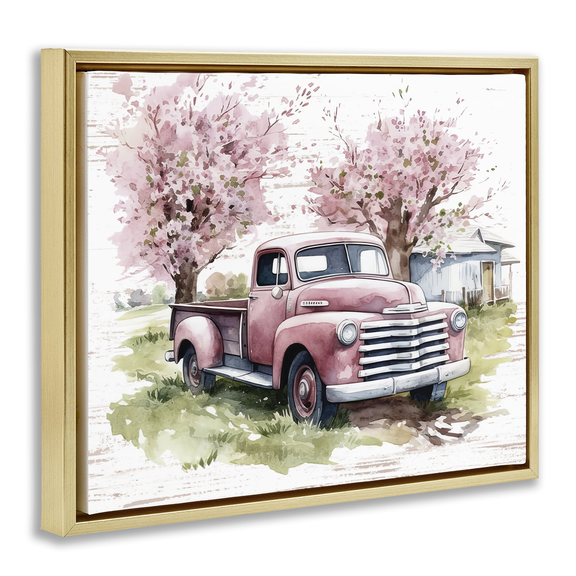 Stupell Industries Cherry Blossoms & Pickup Transportation Painting Gold Floater Framed Canvas Art Print Wall Art, 31 x 25