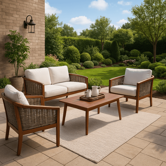Teamson Home 4-Piece Outdoor Patio Acacia Wood Frame Conversation Set with Cushions & Coffee Table, Brown