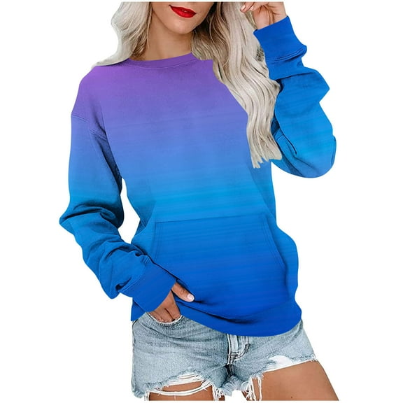 Womens Fall Sweaters with Pockets, Long Sleeve Pullover for Women Fashion Loose Fit Ombre Tie Dye Crewneck Sweatshirts S-2XL