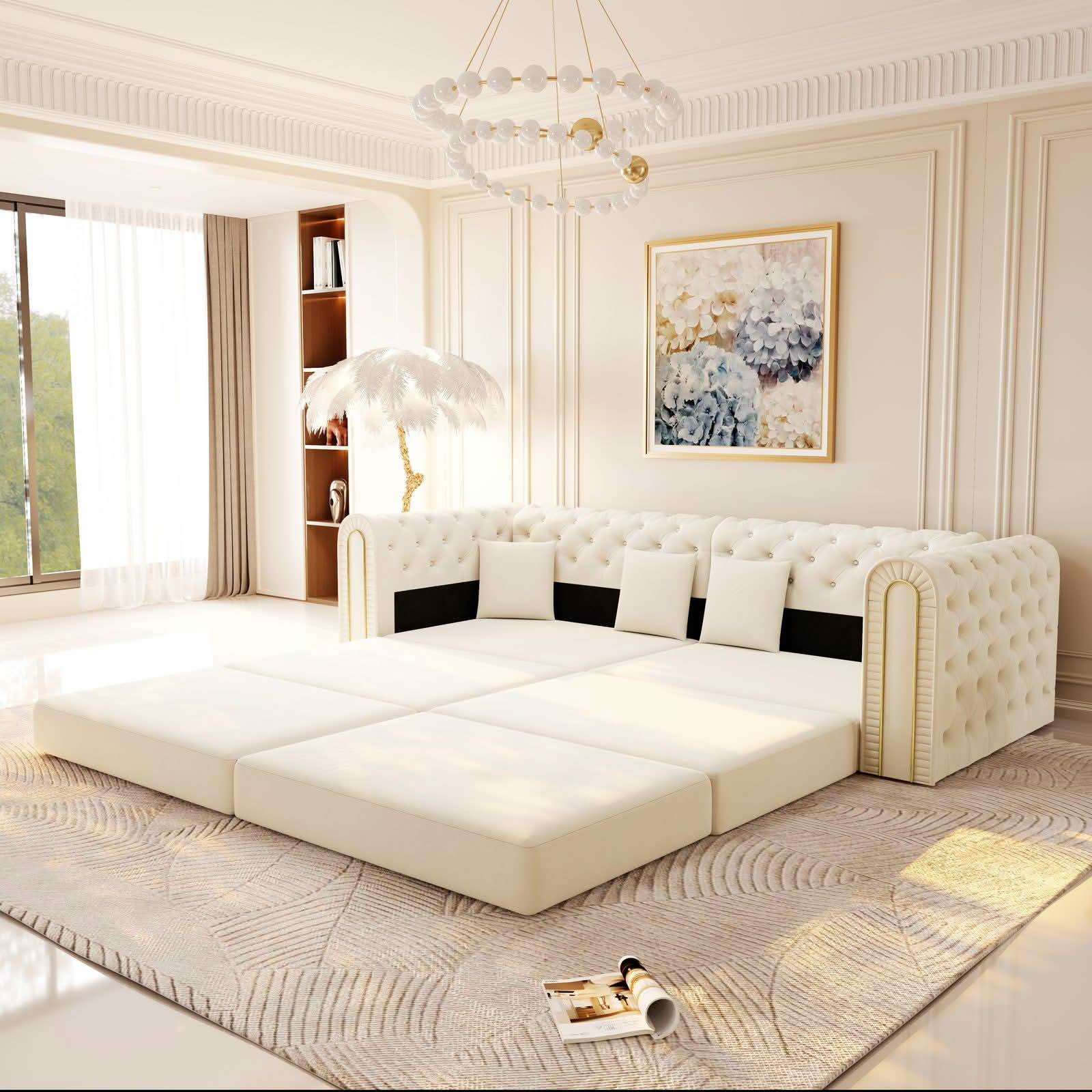MAYEERTY 90.6" 3‑in‑1 Convertible Sleeper Sofa, Modern Velvet 3‑Seater Couch with Tufted & Gold Trim, Movable Ottoman, 4 Pillows Included