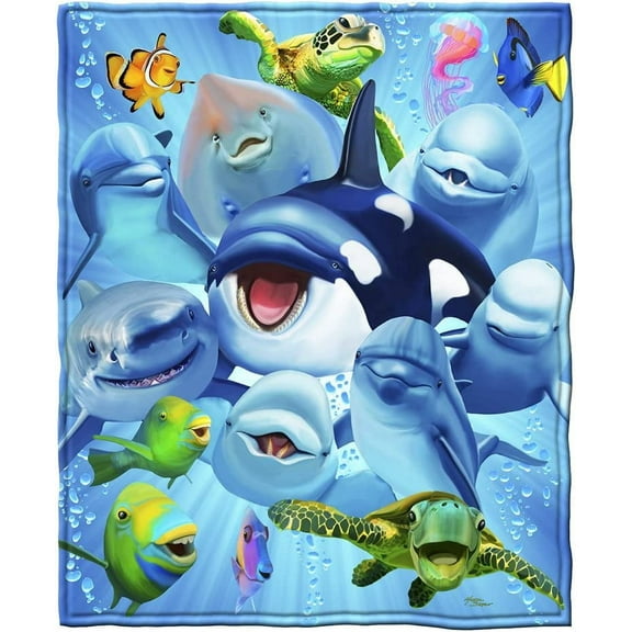 Dawhud Direct Ocean Animals Dolphin Shark Turtle Selfie Super Soft Plush Fleece Throw Blanket