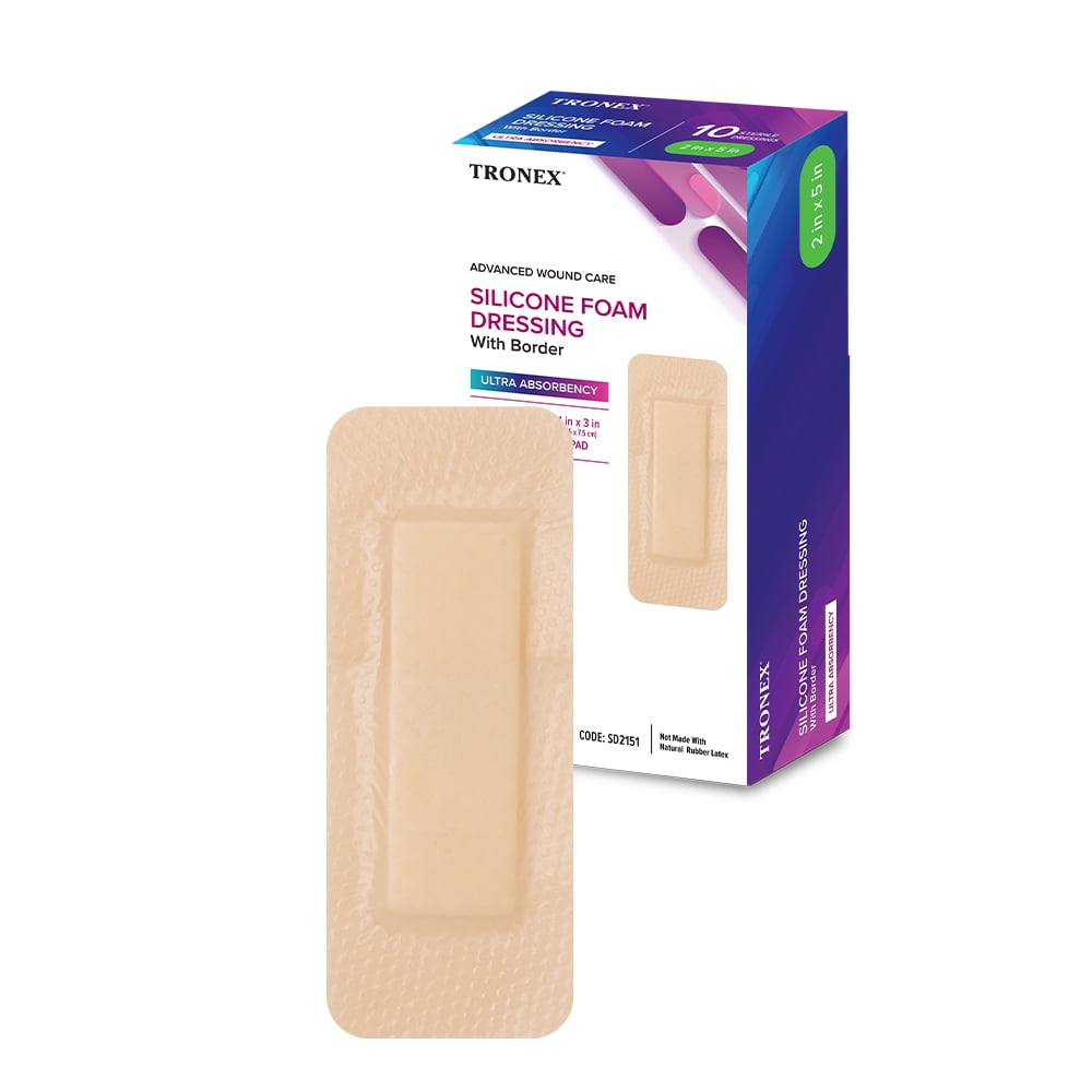 TRONEX SD2151 Silicone Foam Dressing 2”x5”, Adhesive Border, Waterproof, Sterile, Ultra Absorbency, Breathable, Advanced Wound Care, Gentle Removal, Latex Free, Beige, Pack of 100