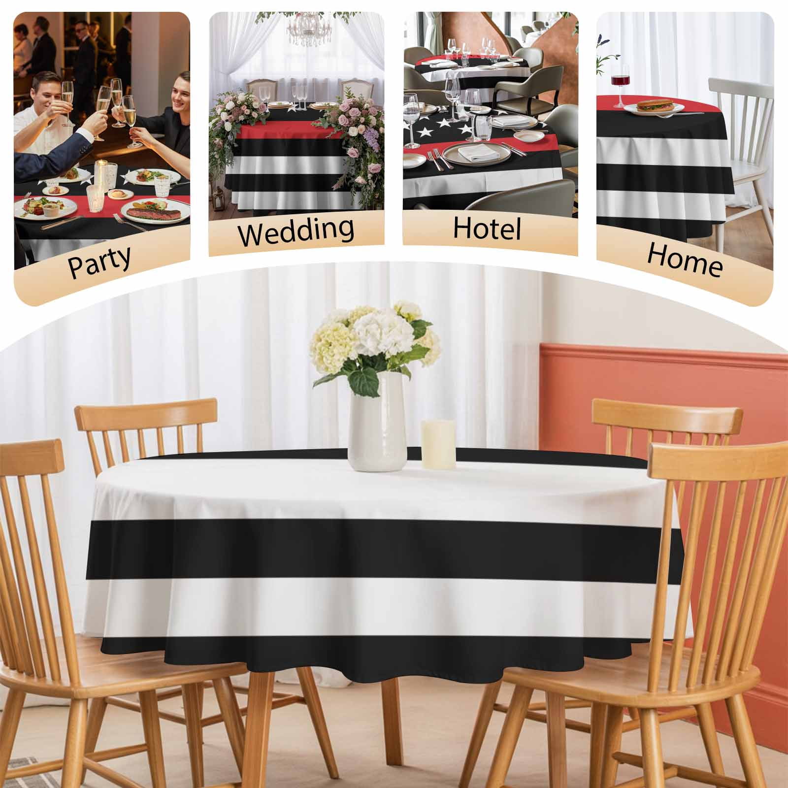 Round Tablecloth Patriotic Thin Red Line Flag Waterproof Oil Proof Polyester Table Cloth Cover Decor for Home Dining Outdoor,Patio,Parties, 60" Dia. Firefighter