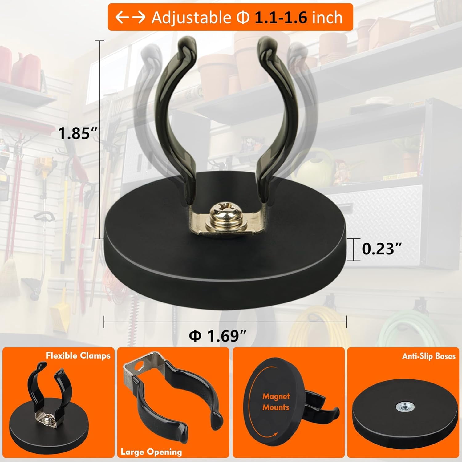 ABCISI 4PCS Universal Magnetic Hooks, Anti-Slip Magnetic Mount Heavy Duty Hooks for Flashlight Holder, Large Opening Durable Magnets Flexible Clamps for Garage Organize Garden Workshop Tools Storage