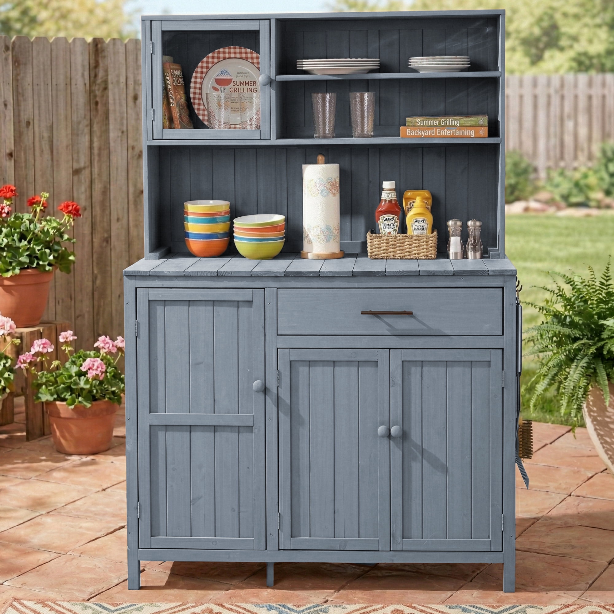 Potting Bench With Hutch, 65 Inch H Solid Fir Wood Outdoor Garden Workstation, Gray