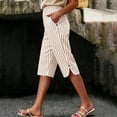 thumbnail image 2 of hoksml Women's Striped Elastic Waist Capri Pants - Cotton Linen Blend with Side Slits and Pockets, 2 of 9