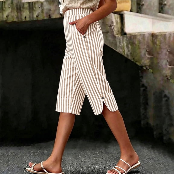 Womens Summer Cotton Linen Shorts Elastic Mid Waisted Striped Printed Straight Leg Bermuda Short for Women with Pockets