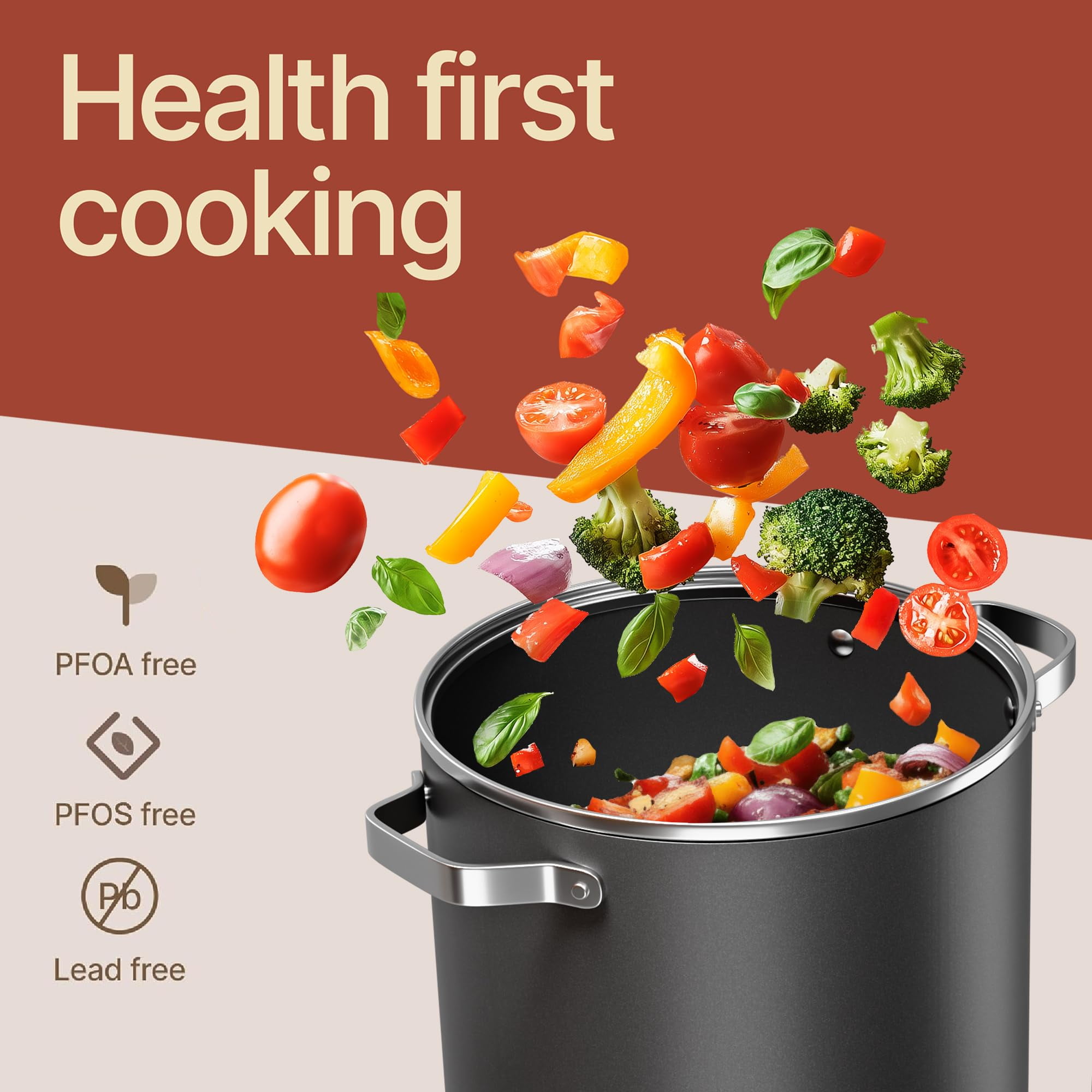 Bakken 8.5 Quart Ceramic Coated Stock Pot with Glass Lid, Nonstick, Oven Safe to 500°F, Stainless Steel Handles, All Stove Compatible, Black