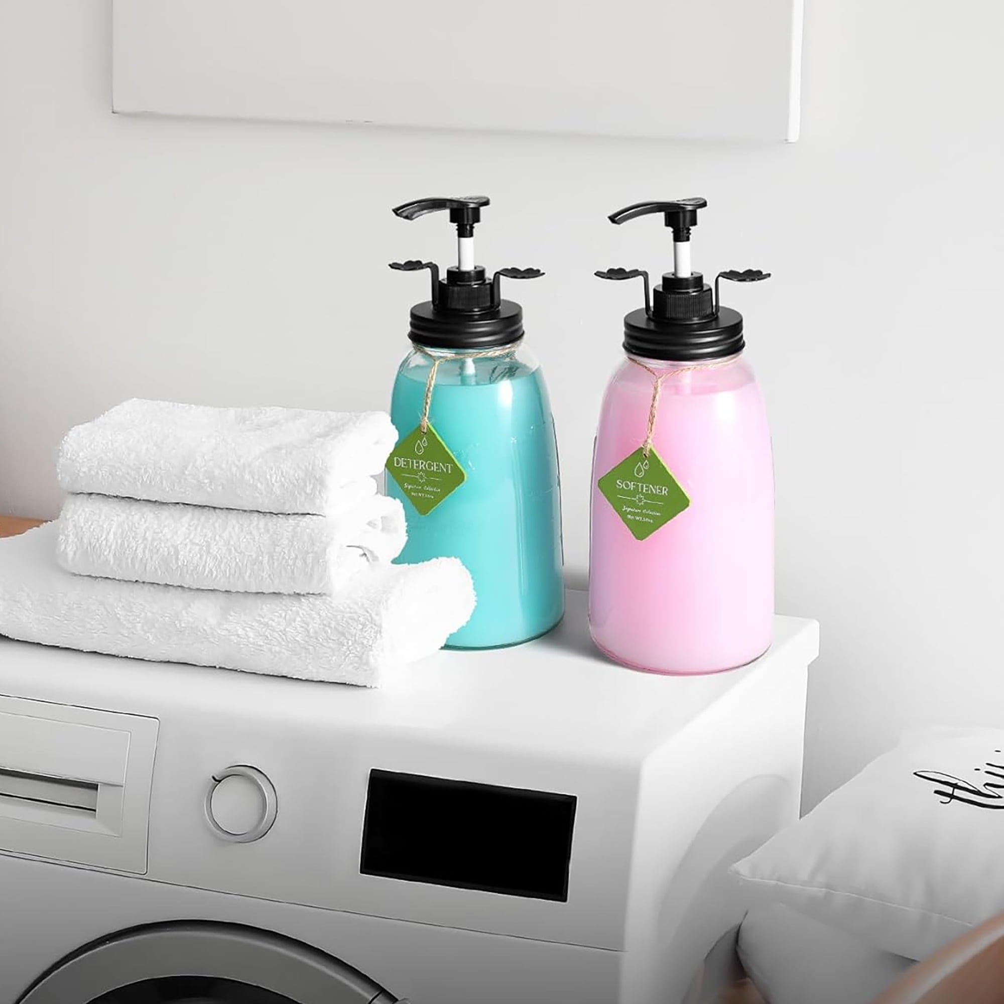 Glass Laundry Detergent Bottle Dispenser, Two 50oz Farmhouse Mason Jar Style with Pump, Black Lid