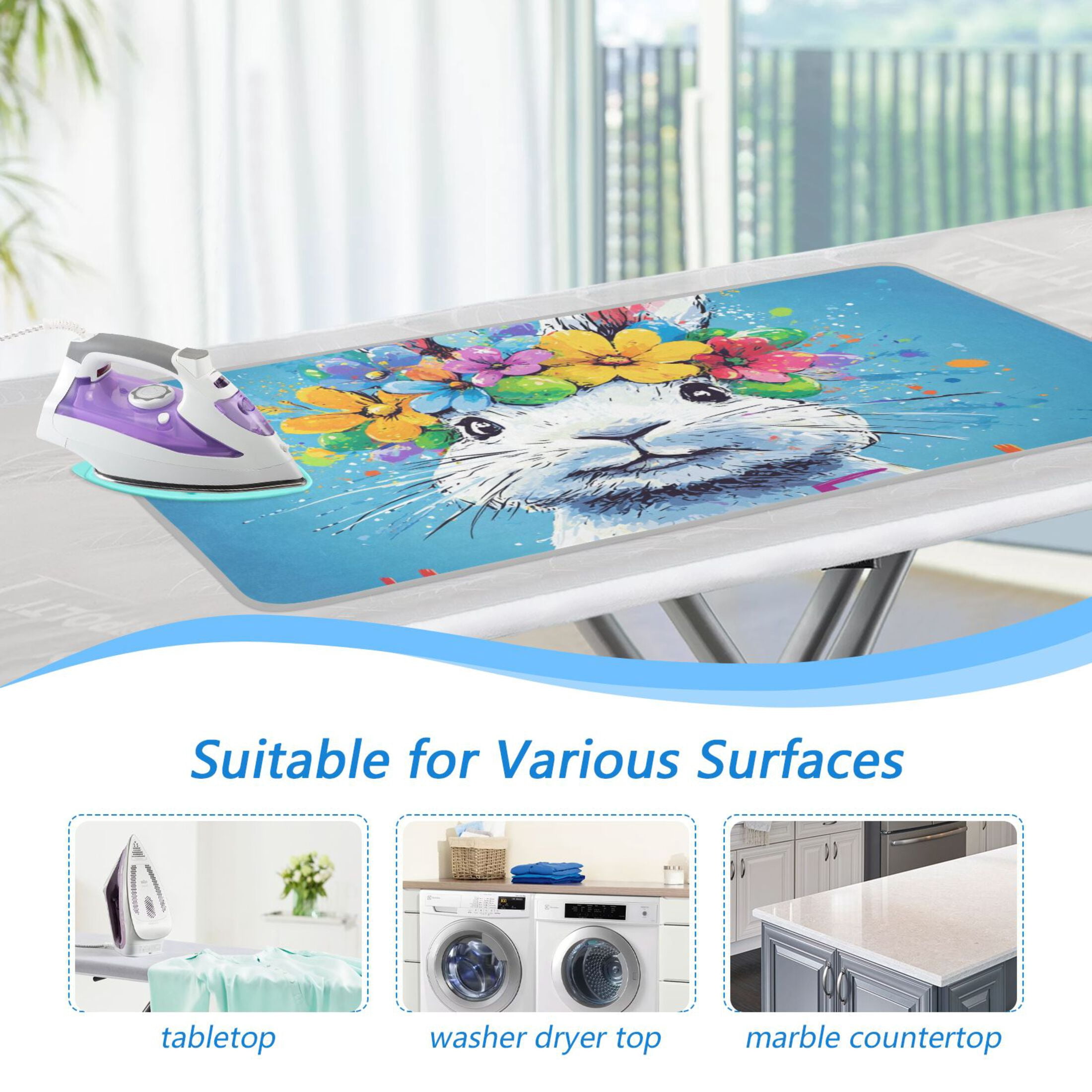 Happy Easter Cartoon Rabbit with Garland Ironing Mat Blanket Portable Travel Ironing Pad Heat Resistant Pad 47.2" x 27.6”