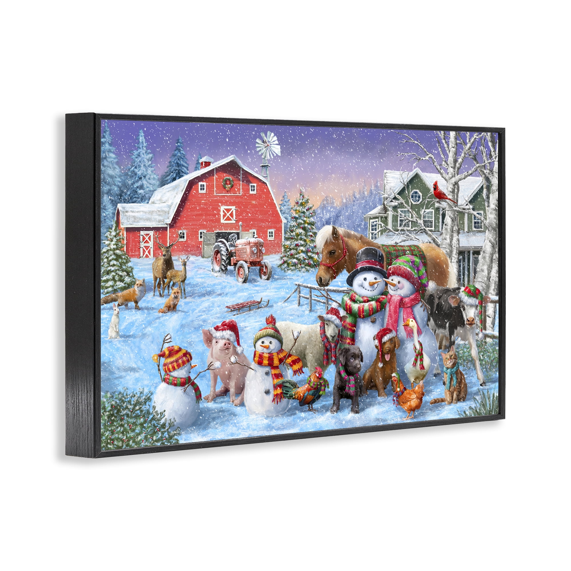 Stupell Industries Snowman & Dogs Family Holiday Painting Black Framed Art Prints Wall Art, 24 x 16