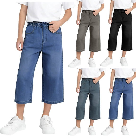Eltusu Boys Denim Shorts, Casual Elastic Waist Straight Legs Below the Knee Capris Shorts Blue Size 8 T