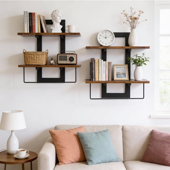 Wood Floating Shelves for Wall, 2 Pack 2-Tier Wall Mounted Shelves for Bathroom, Bedroom, Living Room, Kitchen, 15 in, Rustic Brown