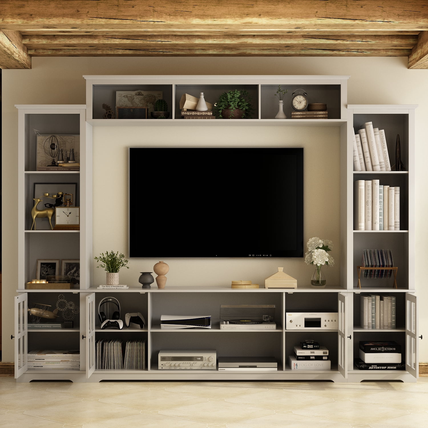 KULAGAGA Entertainment Center withHutch, Media Center with Storage and Glass Door for Living Room,Gray