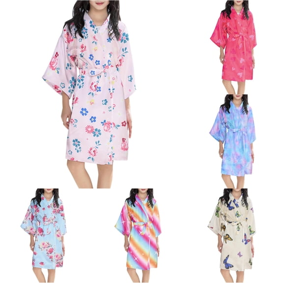 REDARER Kids Girls Butterfly Print Satin Kimono Robe V Neck Three Quarter Sleeve Self Belt Light Summer Sleep Bath Cover Up,5-7 Years