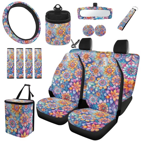 Jeiento Mandala Flowers Car Seat Protector Full Set Include Rearview Mirror Cover Car Trash Can Steering Wheel Covers Cup Coasters Seatbelt Cover Air Vent Storage Pocket Keychain for Car Decor