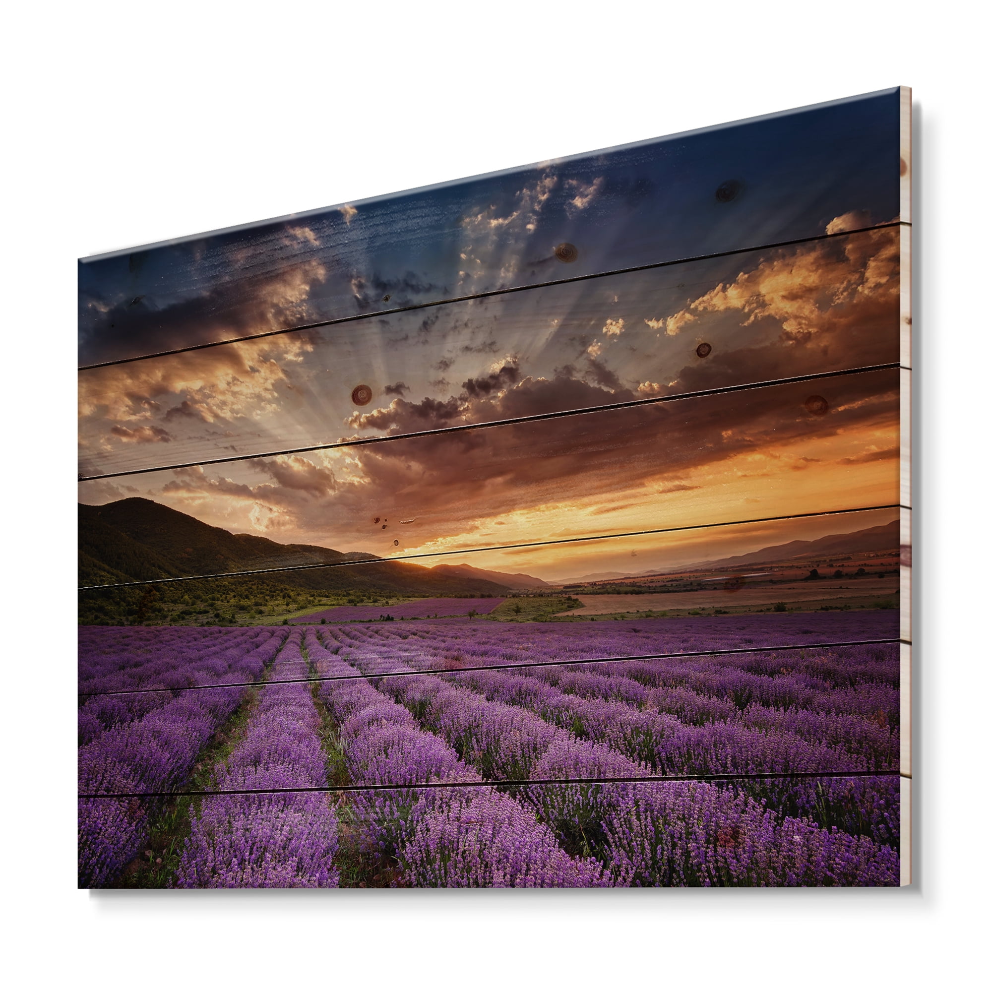 Designart 'Dramatic Clouds and Sunrise Over Lavender Field X' Farmhouse Print on Natural Pine Wood