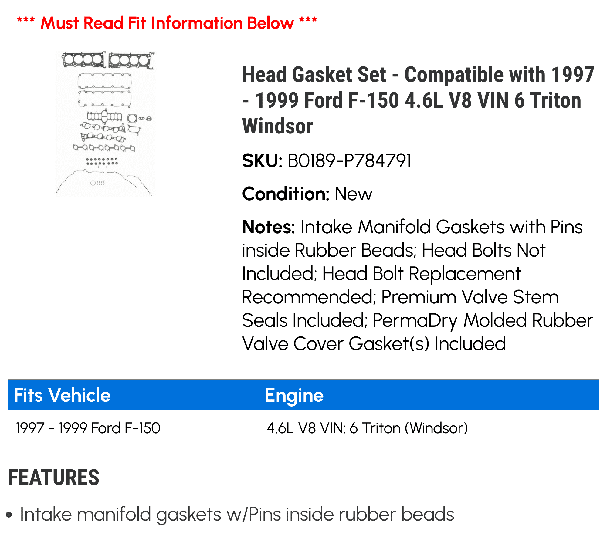 Head Gasket Set - Compatible with 1997 - 1999 Ford F-150 4.6L V8 VIN 6 Triton Windsor 1998