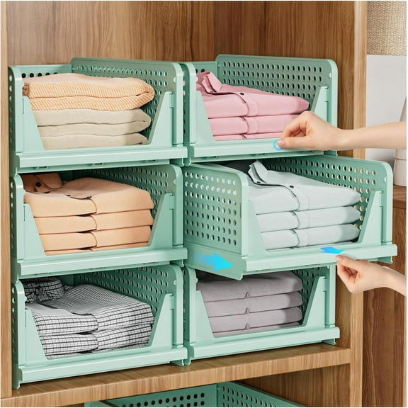 5 Pack Stackable Closet Organizer Box, Multifunctional & Foldable Closet Storage Basket for Bathroom Kitchen Laundry Room Wardrobe Storage, Space-Saving Clothes Storage Drawer Organizer, Green