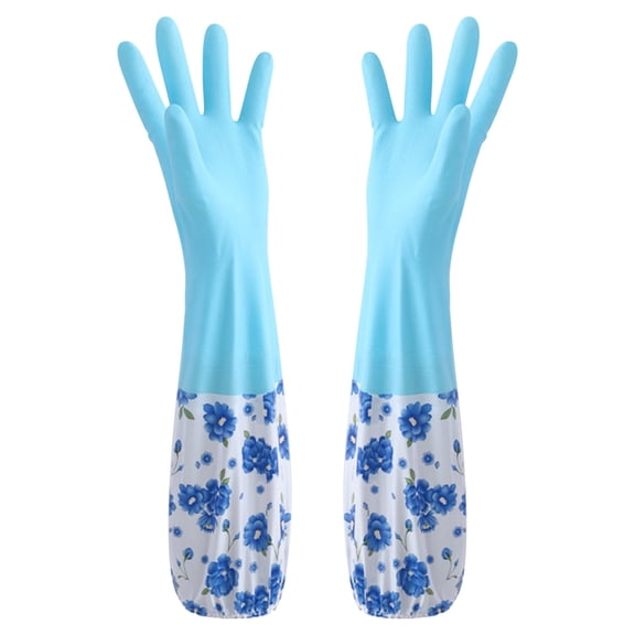 Blue Blue Rubber Fleece Lined Cuffed Dishwashing Gloves Anti Slip For Household Cleaning Kitchen Work
