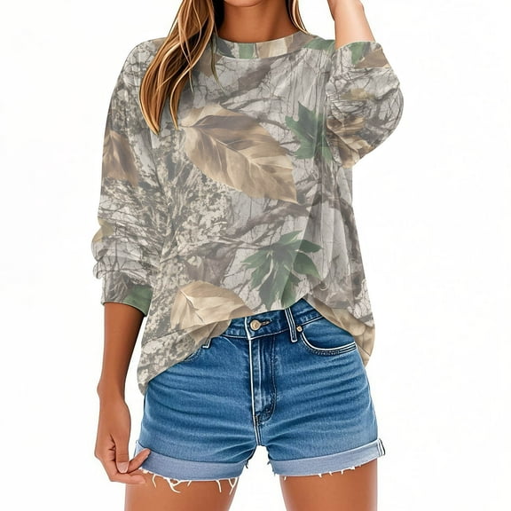 Makaor Pullover Sweatshirts for Women Plus Size Crew Neck Tops Camouflage Long Sleeve Tees Oversized Casual Vacation Clothes