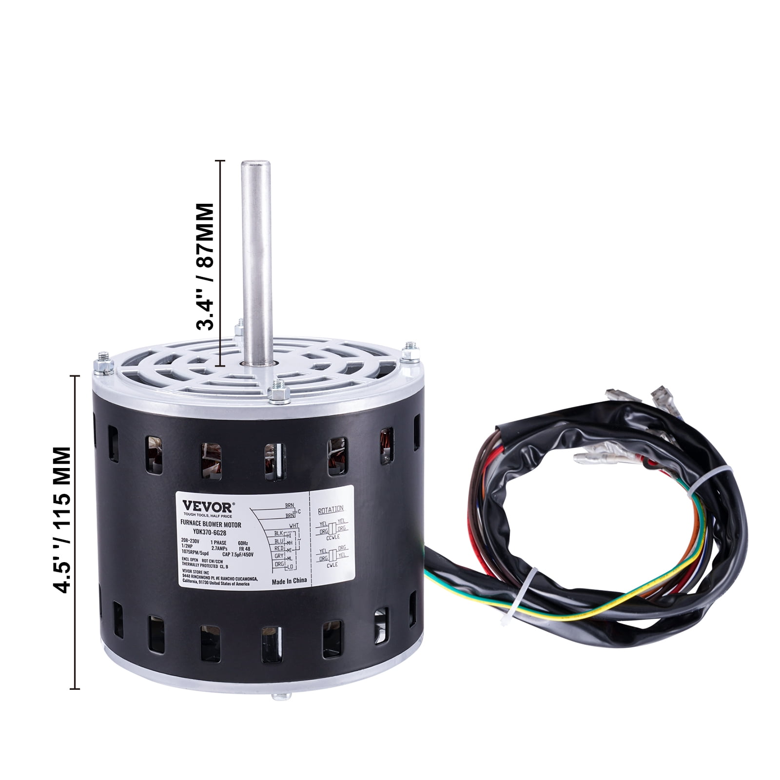 BENTISM 1/2HP Furnace Blower Motor 208-230V 2.7A 1075RPM 5 Speeds CW/CCW Rotation TEST