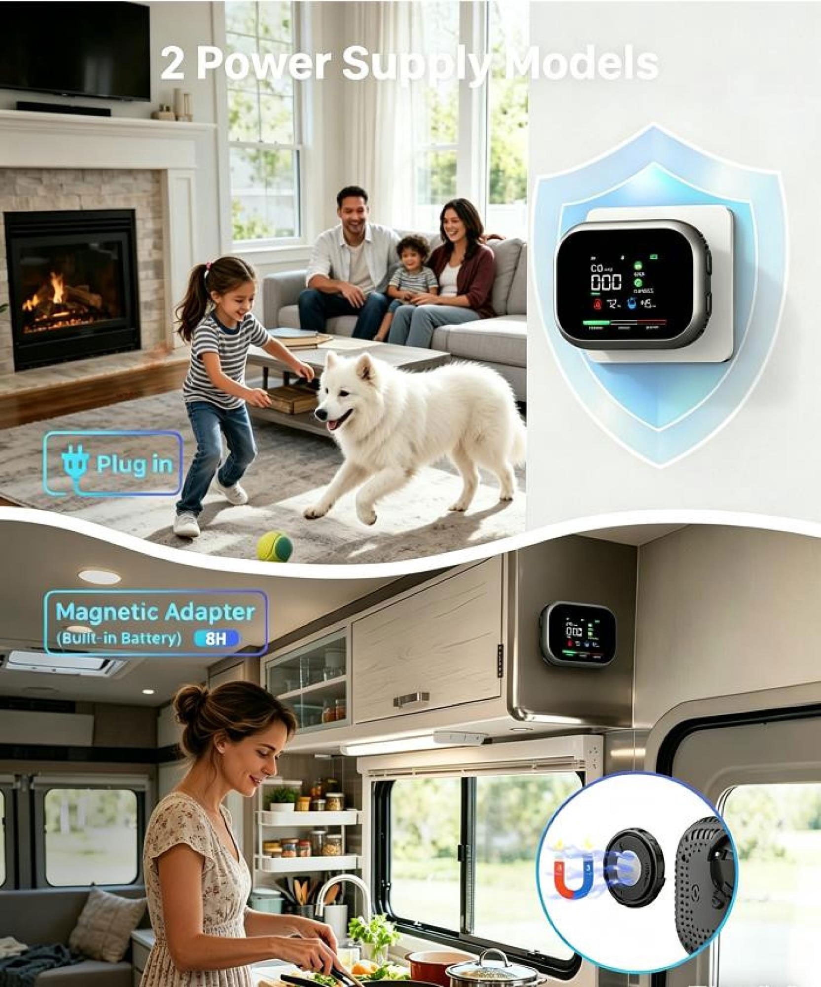 6-in-1 Portable Gas Detector, Plug-in & Battery Powered CO Smoke Gas Monitor with 2.8" Rotatable HD Screen, 85dB Alarm, High-Precision Sensor for Home, RV, Camping & Car Travel