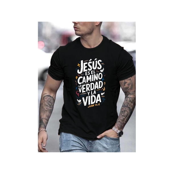 Men's Casual Summer T-Shirt - Trendy Graphic Print, Short Sleeve, cotton, Round Neck, Machine Washable - White with Inspirational Spanish Quote "JESUS CAMINO Y VIDA", Everyday Tshirt | Summer Casual