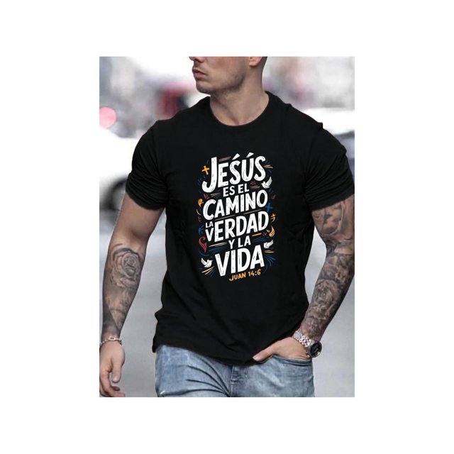 Camiseta informal de verano para hombre - Estampado gráfico moderno, manga corta, algodón, cuello redondo, lavable a máquina - Blanca con frase inspiradora en español "JESÚS CAMINO Y VIDA", camiseta p