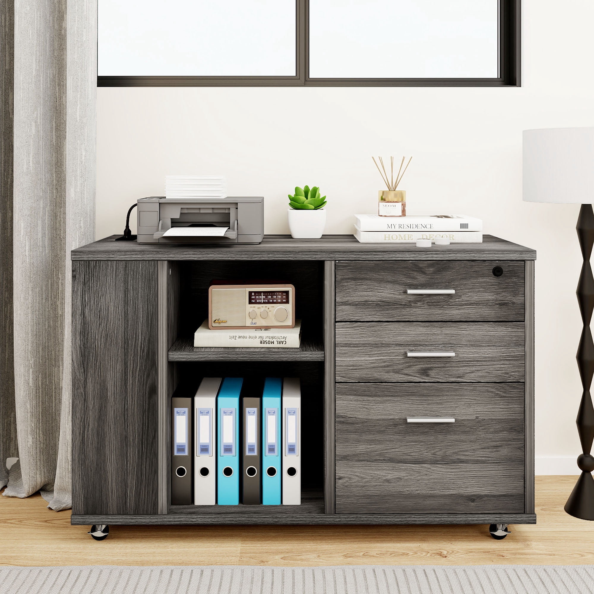 DWVO Wood Lateral File Cabinet with Charging Station and Lock for Home Office, Printer Stand with Open Storage Shelf,Gray
