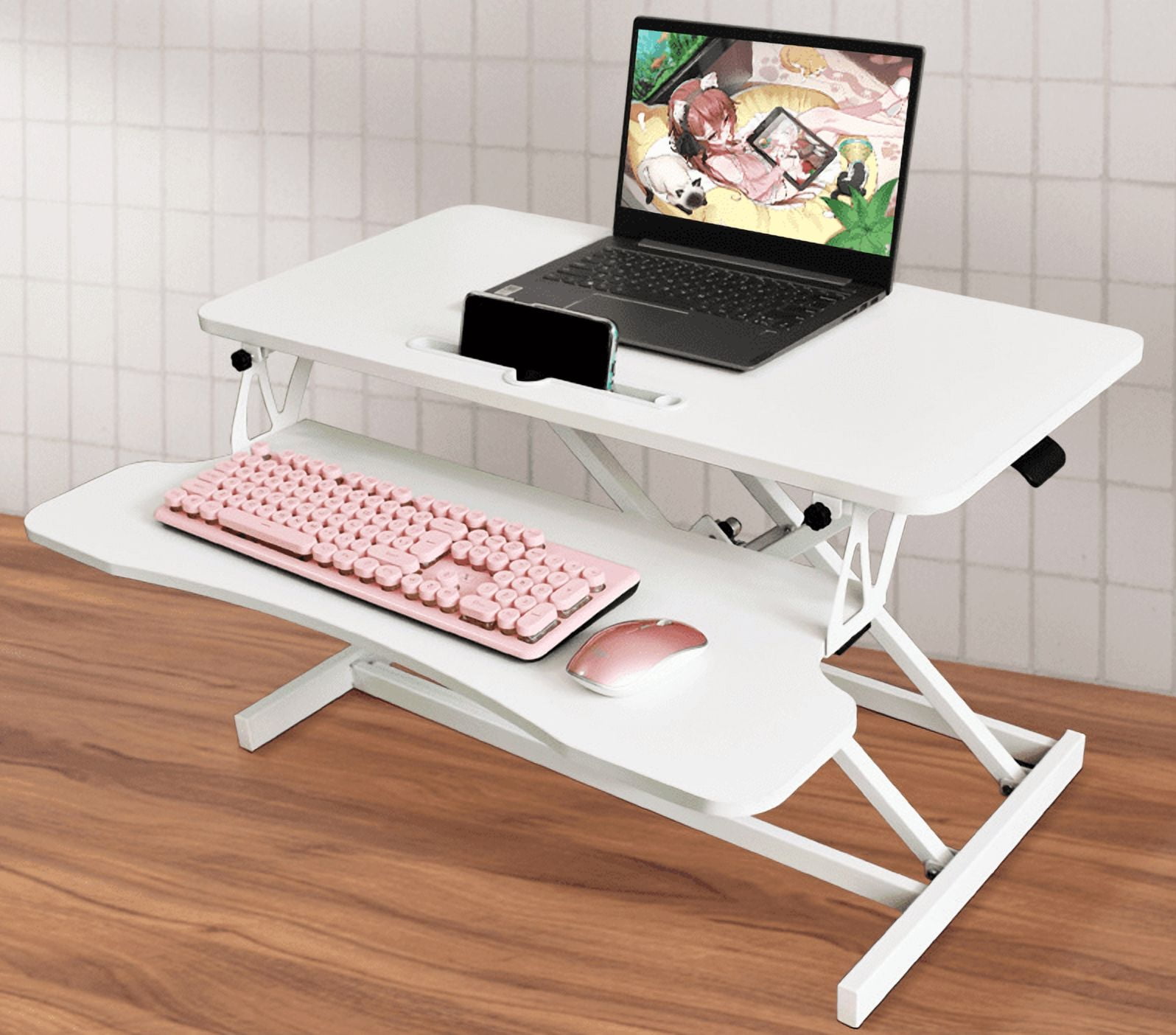 Oufan Standing Desk Converter, 32" Adjustable Sit to Stand Up Workstatio, Dual Monitor Desktop Riser with Wood Keyboard Tray for Home Office