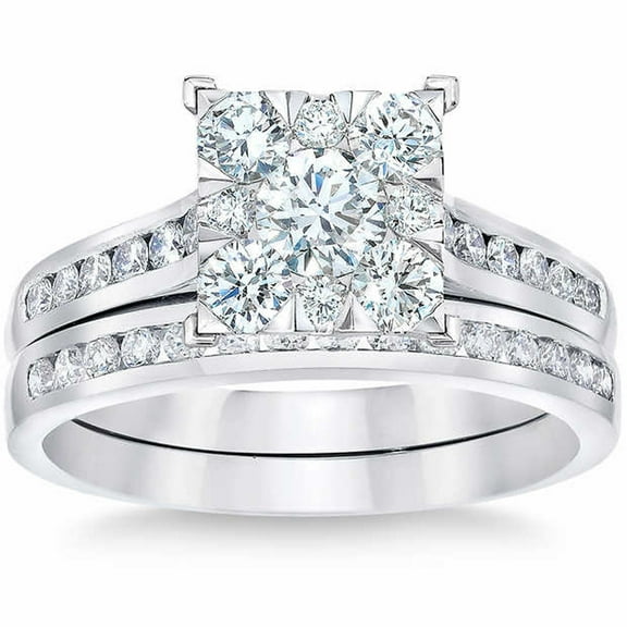 Pompeii 1 3/4 Ct Diamond Princess Cut Framed Engagement Wedding Ring Set 10k White Gold