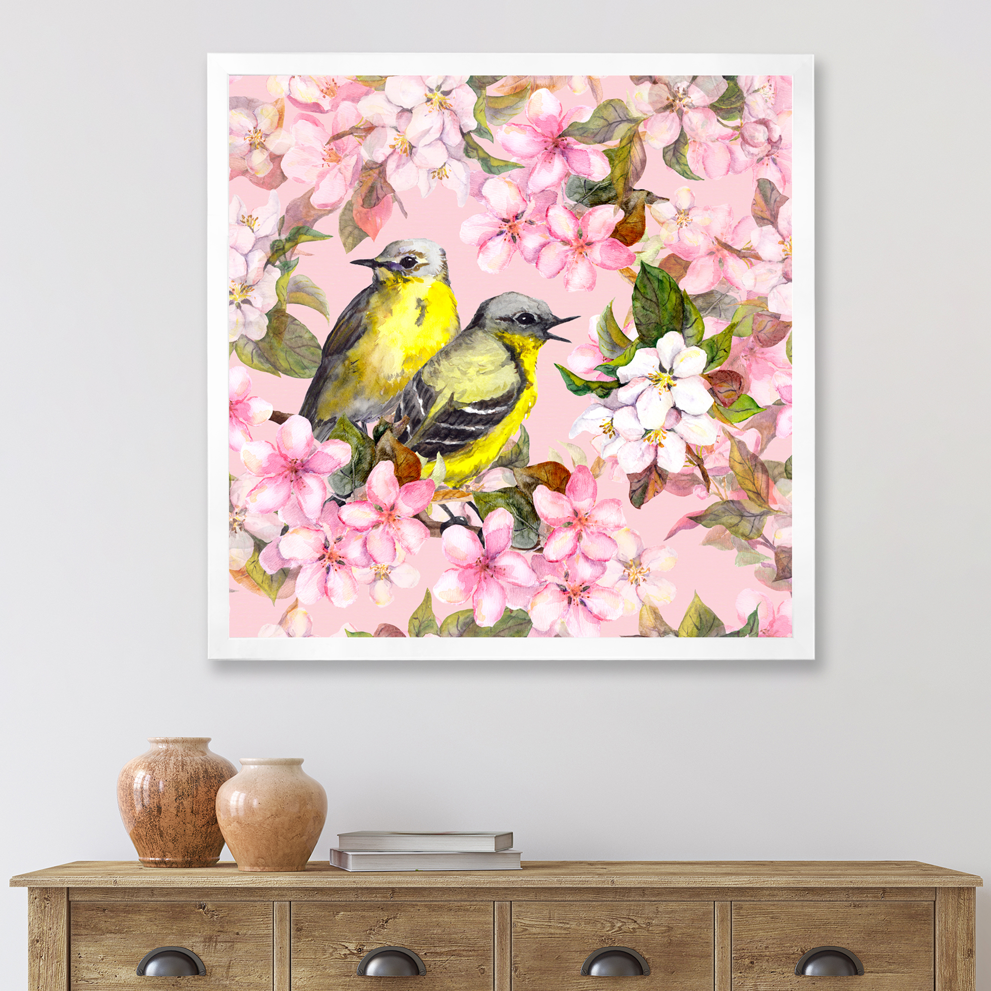 Designart 'Birds On Pink Cherry Sakura and Apple Flowers I' Traditional Framed Art Print